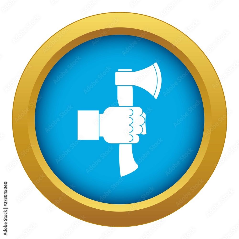 Hand holding axe with wooden handle icon blue vector isolated on white background for any design Hand holding axe with wooden handle icon blue vector isolated on white background for any design