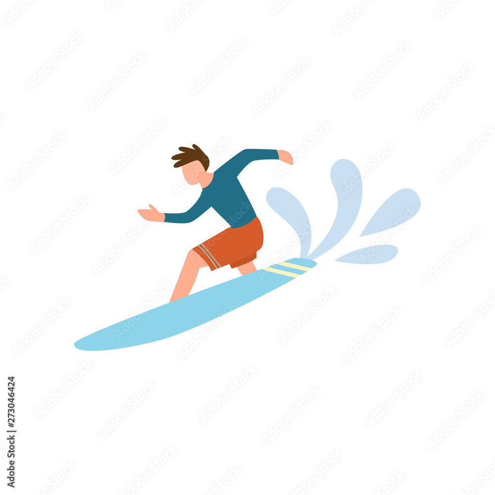 Young man in red shorts surfing on the ocean wave