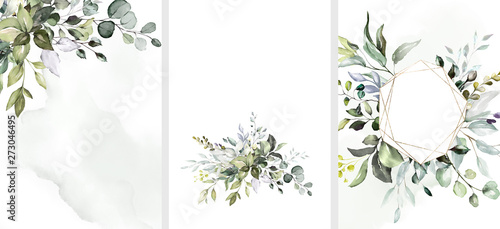 Ready to use Card. Herbal Watercolor invitation design with leaves. flower and watercolor background. floral elements, botanic watercolor illustration. Template for wedding.   frame photo
