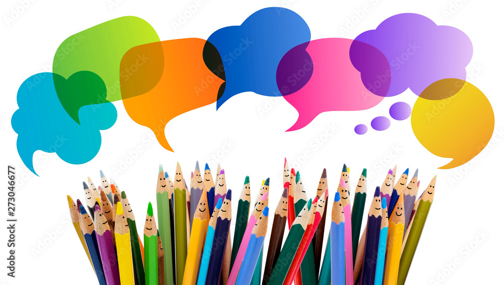 Colored pencils funny faces of people smiling. Dialogue group of people.  Crowd Talking. Group of people talking. Social network communication.  Diverse People and different culture. Speech bubble Stock Illustration |  Adobe Stock