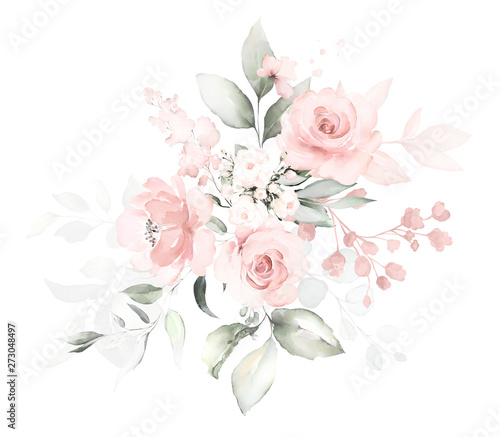 Set watercolor arrangements with roses. collection garden pink flowers  leaves  branches  Botanic  illustration isolated on white background.