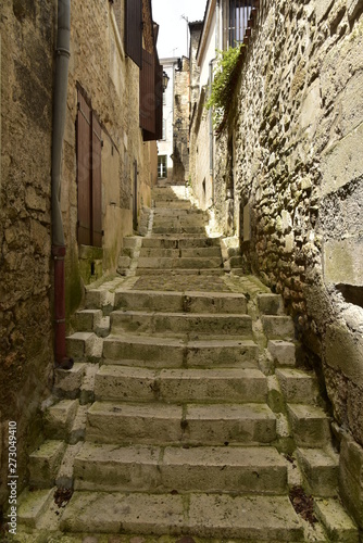 Ruelle avec escaliers entre les vieux murs du quartier médiéval de Périgueux en Dordogne © Photocolorsteph