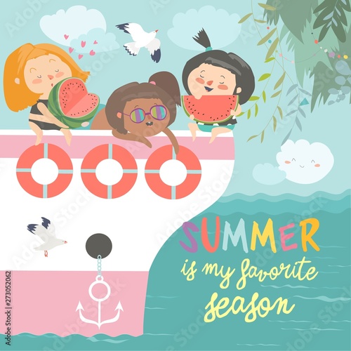 Cute happy girls resting and eating watermelon on ship
