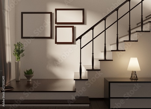 Home interior in a Scandinavian style with empty frames on a wall. Stairs to a second floor. Lamp on a table and sun shadows. 3D rendering.