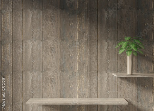 Empty wooden shelf and plant on a shelf on a wooden wall. Sunlight shadows. Mockup with background for frames, advertisement and templates. 3D rendering.