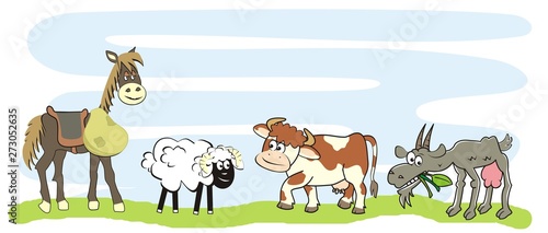 Four farm animals, horse, sheep, cow and goat on meadow, funny vector illustration