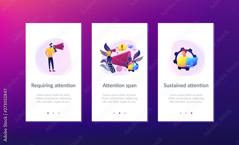 Businessman talk in megaphone with exclamation point. Draw attention, attention span and take note, requiring attention concept on white background. Mobile UI UX GUI template, app interface wireframe
