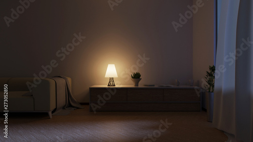 Night home interior with a lamp on a table and moonlight. Couch with a blanket. 3D rendering.