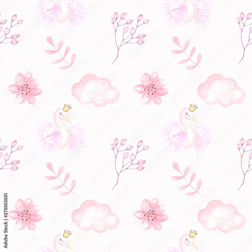 Watercolor illustration for children's design for girls. Cute pink pictures. Children's textile seamless pattern.