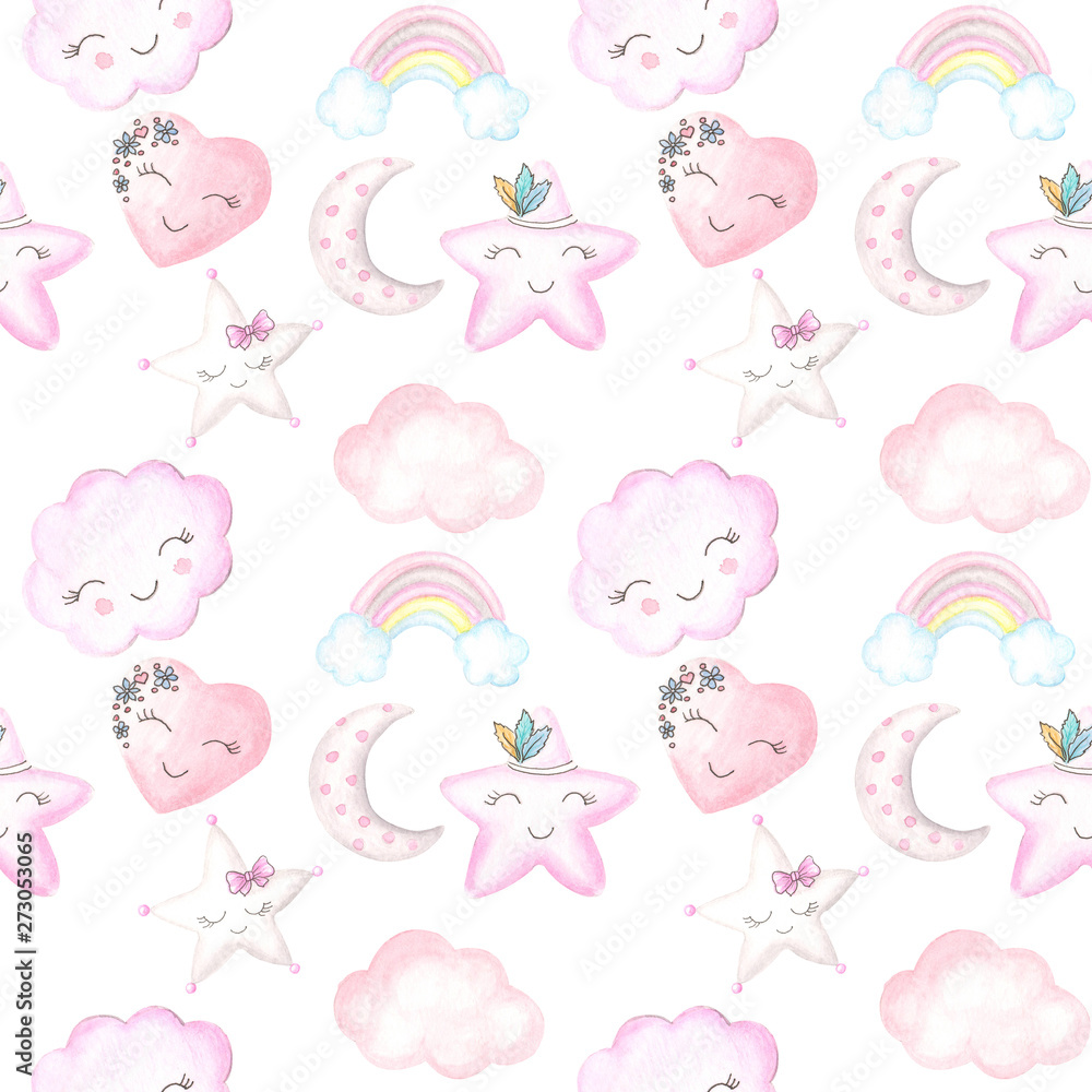 Watercolor illustration for children's design for girls. Cute pink pictures. Children's textile seamless pattern.