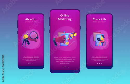 Business team with megaphone and media icons work on search engines optimization. Online marketing, seo tools concept on white background. Mobile UI UX GUI template, app interface wireframe