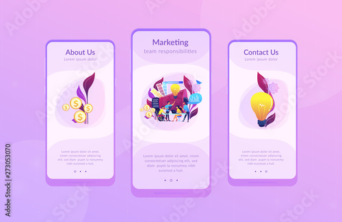 Digital marketing team with laptops and light bulb. Marketing team metrics, marketing team lead and responsibilities concept on white background. Mobile UI UX GUI template, app interface wireframe