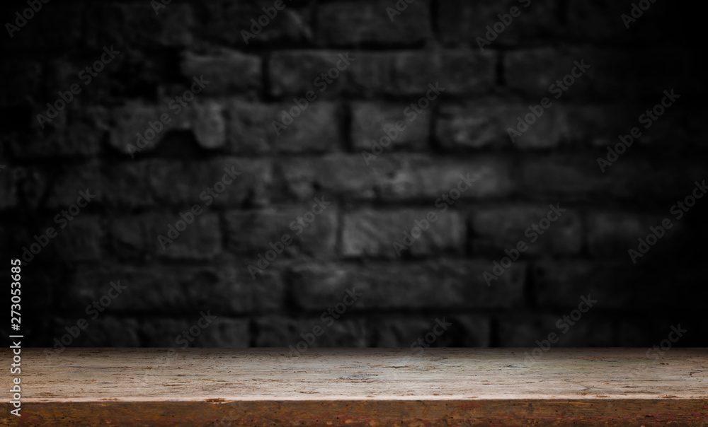 Old wood plank with abstract old brick wall background for product display Old wood plank with abstract old brick wall background for product display