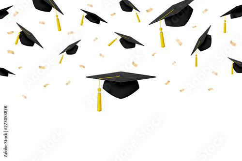 Vector graduation banner with ceremony caps isolated in air on white background