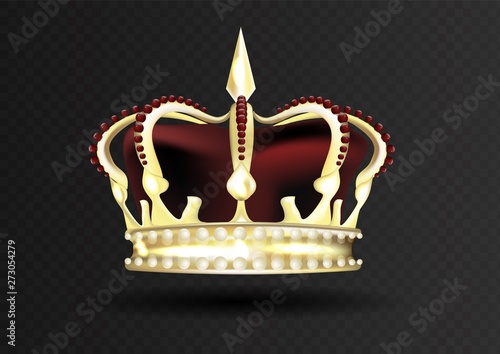 Golden imperial crown with red mitre encrusted with red gems.