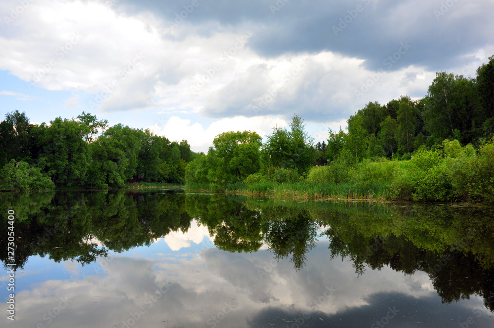 Fototapeta premium Colorful nature scenic photo of transparent aquamarine blue water surface of a lake with forest.