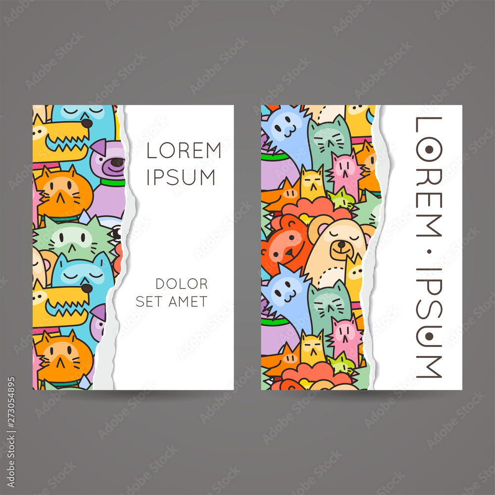 Doodle colorful hand drawn cards for kids and play. Cartoon design artistic print templates