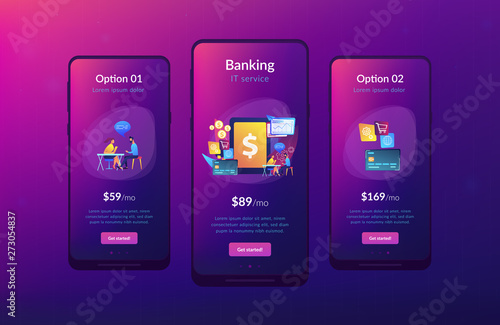 Tablet, bank card and manager using banking software for transactions. Core banking IT system, banking software, IT service concept. Mobile UI UX GUI template, app interface wireframe
