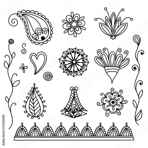 Set of simple indian mehendi. Henna collection with doodle swirls and flowers. Vector illustration decor. 