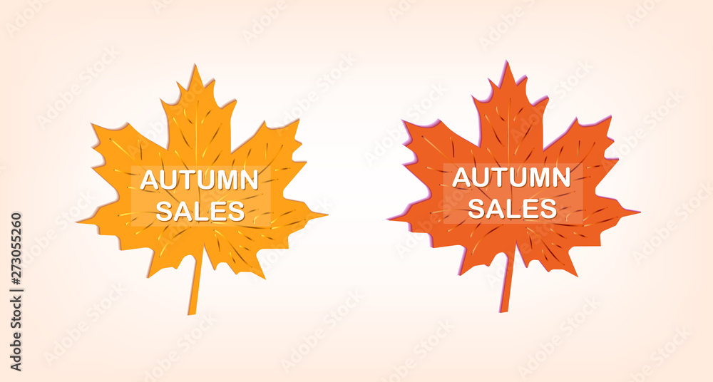 Autumn sales. Maple leaf. Banner or simple poster. Logo. Vector illustration. Flat style. Red and orange colors. Gold gradients. Autumn sales. Maple leaf. Banner or simple poster. Logo. Vector illustration. Flat style. Red and orange colors. Gold gradients.