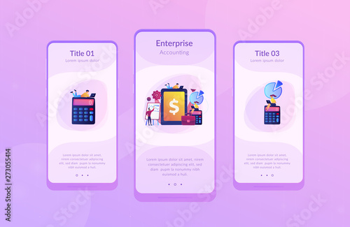 Accountants work with financial transactions software and tablet. Enterprise accounting, IT accounting system, smart enterprise tools concept. Mobile UI UX GUI template, app interface wireframe