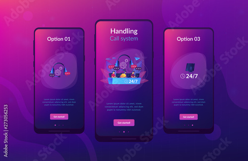 Customer service operators with headsets at computers consulting clients 24 for 7. Call center, handling call system, virtual call center concept. Mobile UI UX GUI template, app interface wireframe