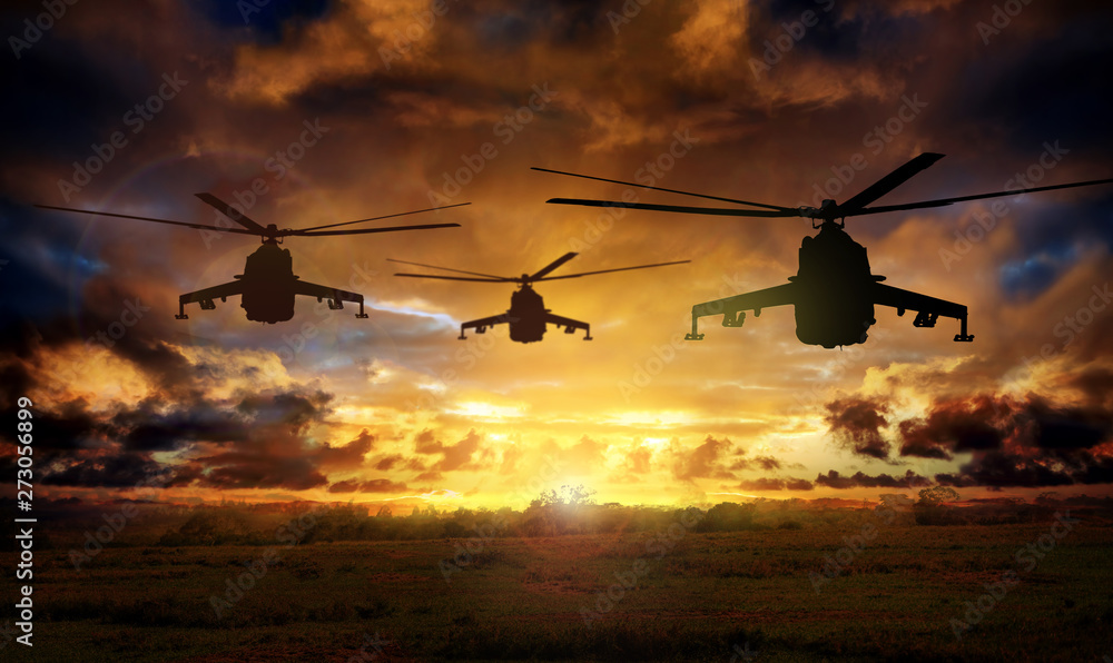Helicopter silhouettes on sunset background - obrazy, fototapety, plakaty 