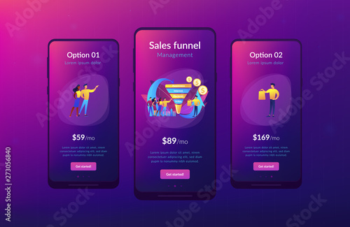 Sales funnel stages, potencial customers, buyer with purchase. Sales funnel management, customer journey representation, sales funnel stages concept. Mobile UI UX GUI template, app interface wireframe