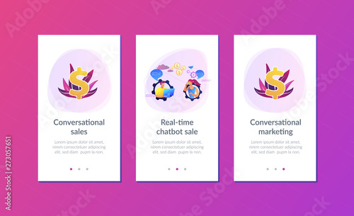 Customer has conversation on smartphone with assistant in real-time. Conversational sales, conversational marketing, real-time chatbot sale concept. Mobile UI UX GUI template, app interface wireframe