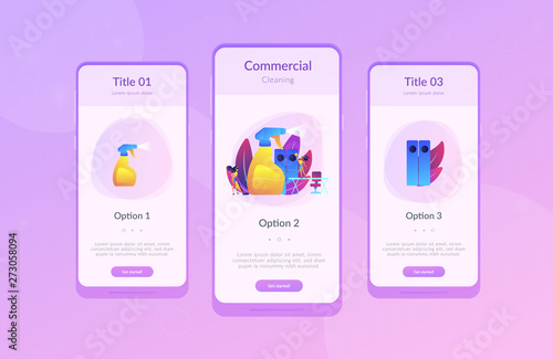 Commercial cleaning company janitors tidy up office with spray. Commercial cleaning, cleaning industry service, maintenance market resarch concept. Mobile UI UX GUI template, app interface wireframe