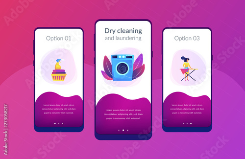 Laundry service worker ironing, washing machine. Dry cleaning and laundering, laundry facilities industry, cleaning and restoration services concept. Mobile UI UX GUI template, app interface wireframe