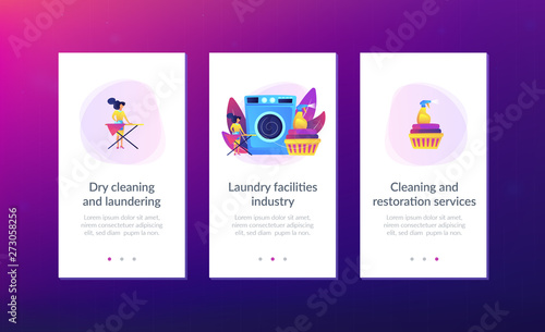 Laundry service worker ironing, washing machine. Dry cleaning and laundering, laundry facilities industry, cleaning and restoration services concept. Mobile UI UX GUI template, app interface wireframe