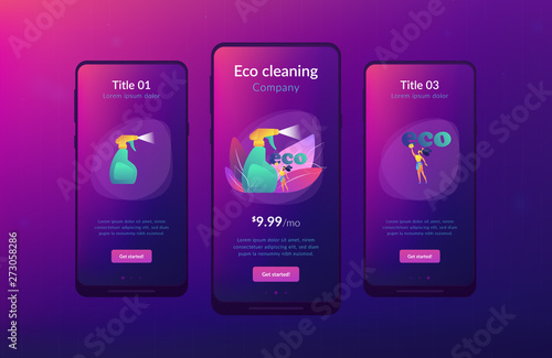Green cleaning company employee tidies up with nature friendly spray. Green cleaning, eco cleaning company, environmentally friendly service concept. Mobile UI UX GUI template, app interface wireframe