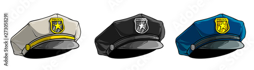 Cartoon colorful police peaked cap with golden badge and star. Isolated on white background. Vector icon set.