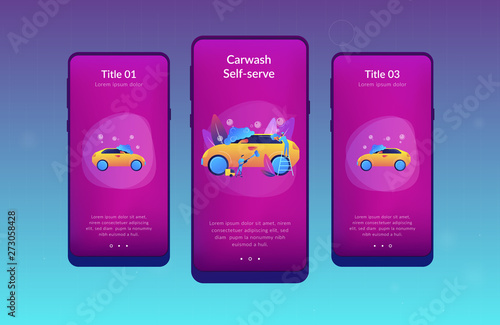 Car wash employees washing the exterior of the car with equipment and foam. Car wash service, vehicle cleaning market, carwash self-serve concept. Mobile UI UX GUI template, app interface wireframe
