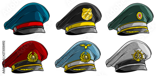Cartoon colorful different peaked caps with cockade. Officer and postman. Policeman, pilot and sailor. Isolated on white background. Vector icon set. Vol. 2