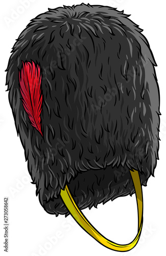 Cartoon black british army bearskin. Tall fur cap with red feather. Isolated on white background. Vector icon. photo