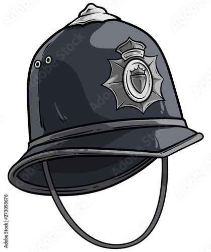 Cartoon gray London police helmet or hat with metal crown badge. Isolated on white background. Vector icon.