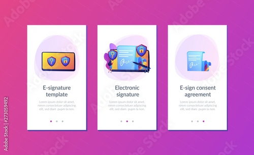 Businessman putting electronic signature on document, security shields. Electronic signature, e-signature template, e-sign consent agreement concept. Mobile UI UX GUI template, app interface wireframe