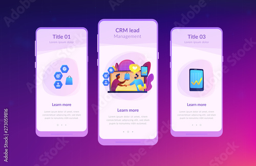 Manager shakes hands with customer, strategy for interactions with client. Customer relationship management, CRM system, CRM lead management concept. Mobile UI UX GUI template, app interface wireframe