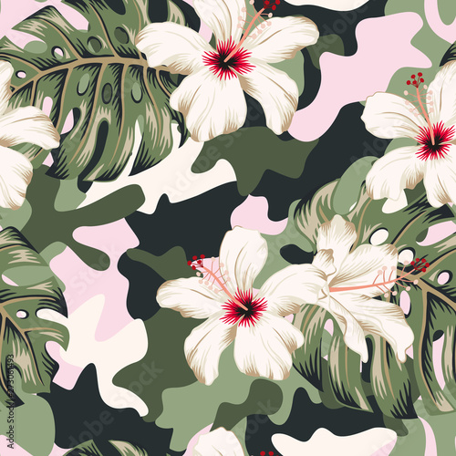 Tropical hibiscus flowers, monstera palm leaves bouquets, camouflage background. Vector seamless pattern. Jungle foliage illustration. Exotic plants. Summer beach floral design. Paradise nature