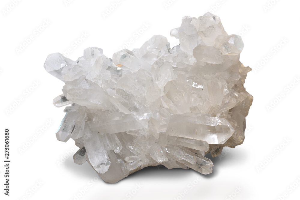 Quartz crystal cluster from Arkansas, USA, isolated on white.