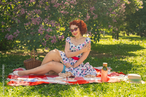 red-haired happy pin up girl in vintage summer dress and classic stockings with a seam in the back sits on a blanket  on the green grass in the city Park, next to a lilac Bush © goldeneden