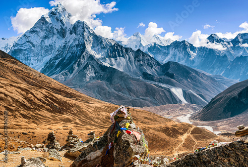 Scenic valley in Himalayan mountains on the trek to Dingboche, Nepal.