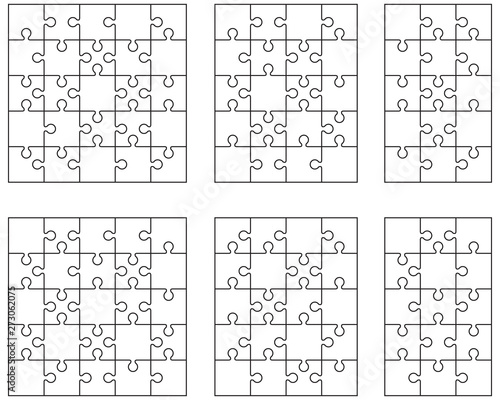 Illustration of six different white puzzles, separate pieces