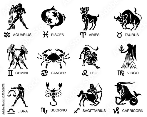 Black silhouette of zodiac signs on a white background