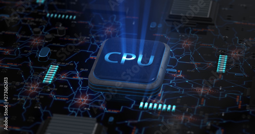 Technology background. A glowing CPU on a motherboard. 3D illustration render