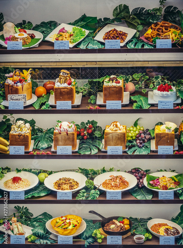 Characteristic food replicas called sampuru on display in front of restaurant in Tokyo in Japan photo