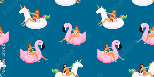 Summer pattern with cute girls in trendy swimsuits on inflatable swimming pools flamingos and unicorn. Vector seamless texture.