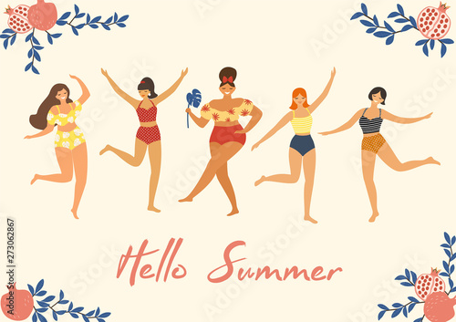 Tropical summer card with dancing girls in trendy summer swimsuits. Vector illustration.